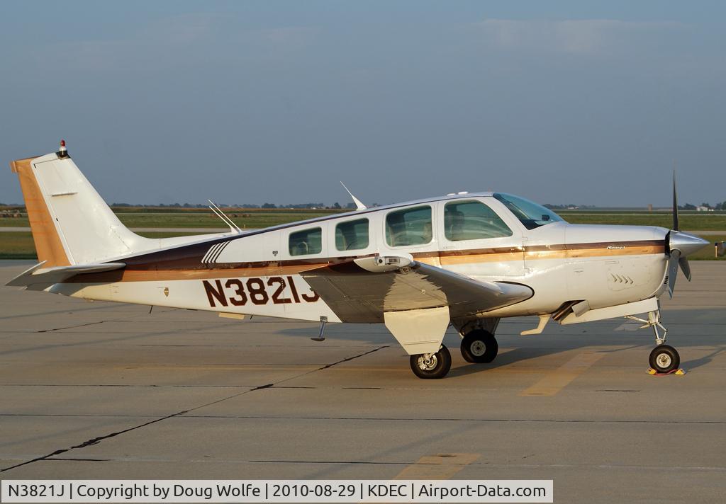 N3821J, 1981 Beech A36 Bonanza 36 C/N E-1810, Parked at Decatur, Illinois.  Champaign, Illinois owner.
