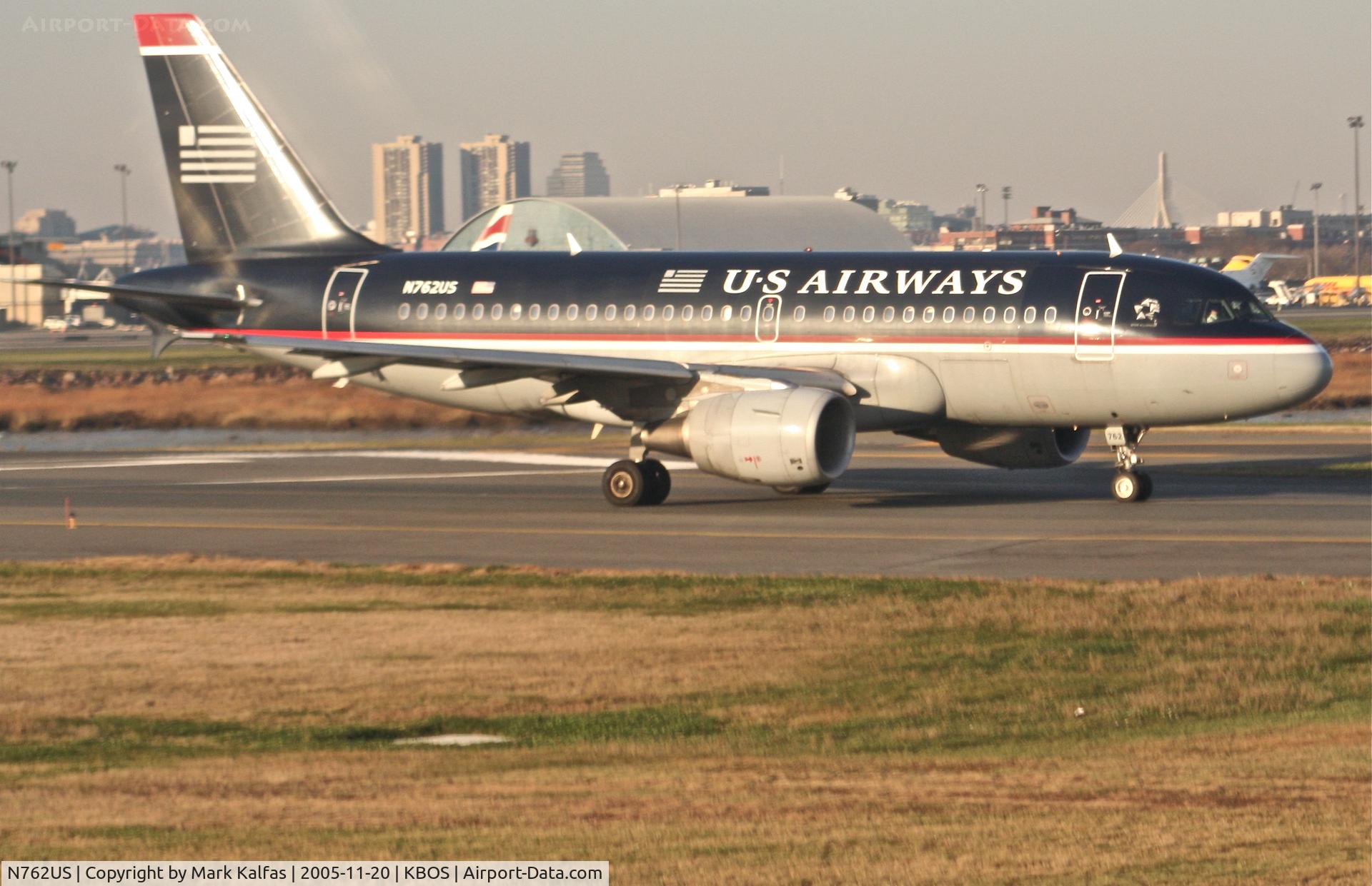 N762US, 2000 Airbus A319-112 C/N 1358, US Airways Airbus A319-112, N762US taxiway N for Runway 22R KBOS on a morning trip to KPHL.