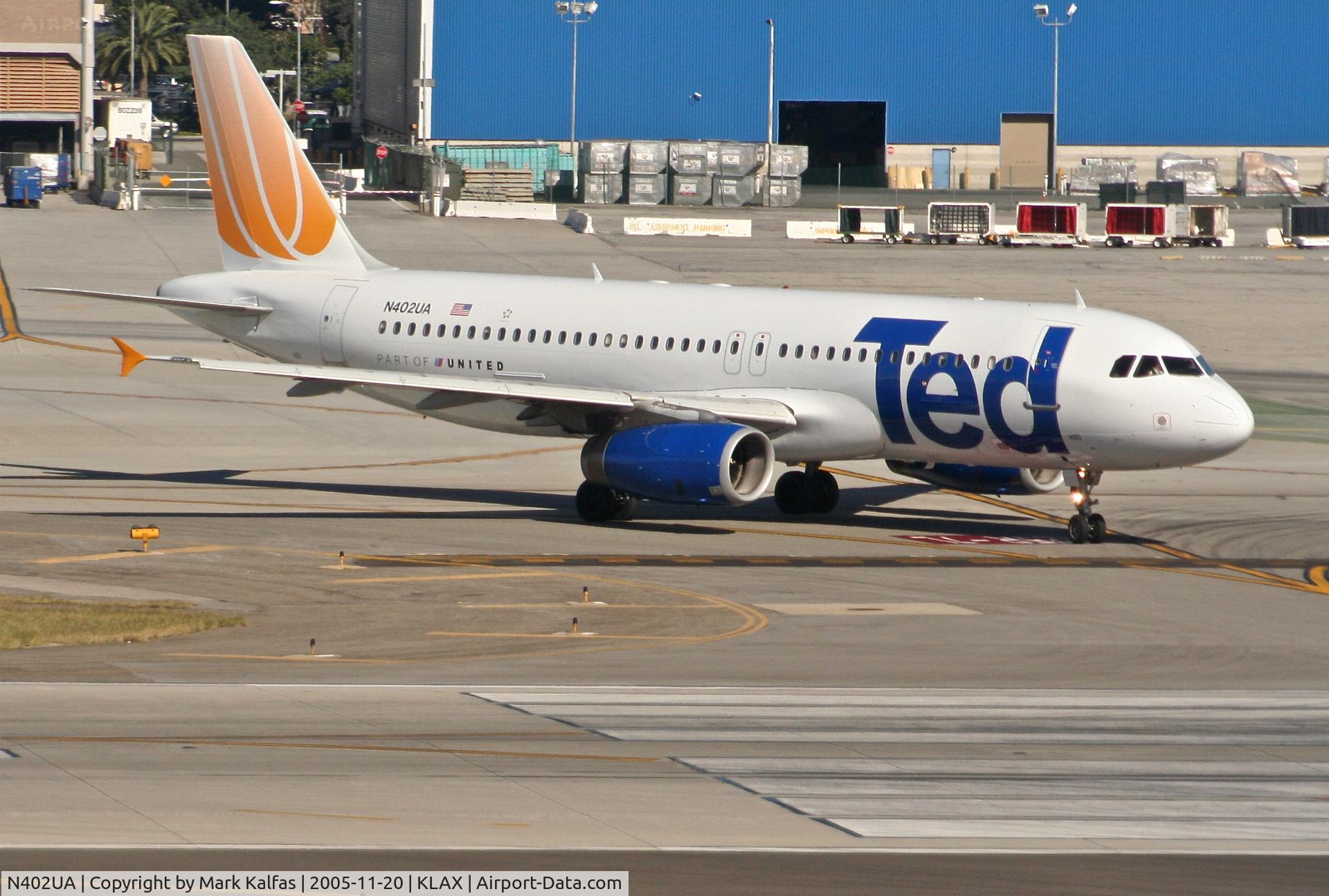 N402UA, 1993 Airbus A320-232 C/N 439, United Airlines/TED Airbus A320-232, N402UA holding short of 25R at Bravo 1 KLAX.
