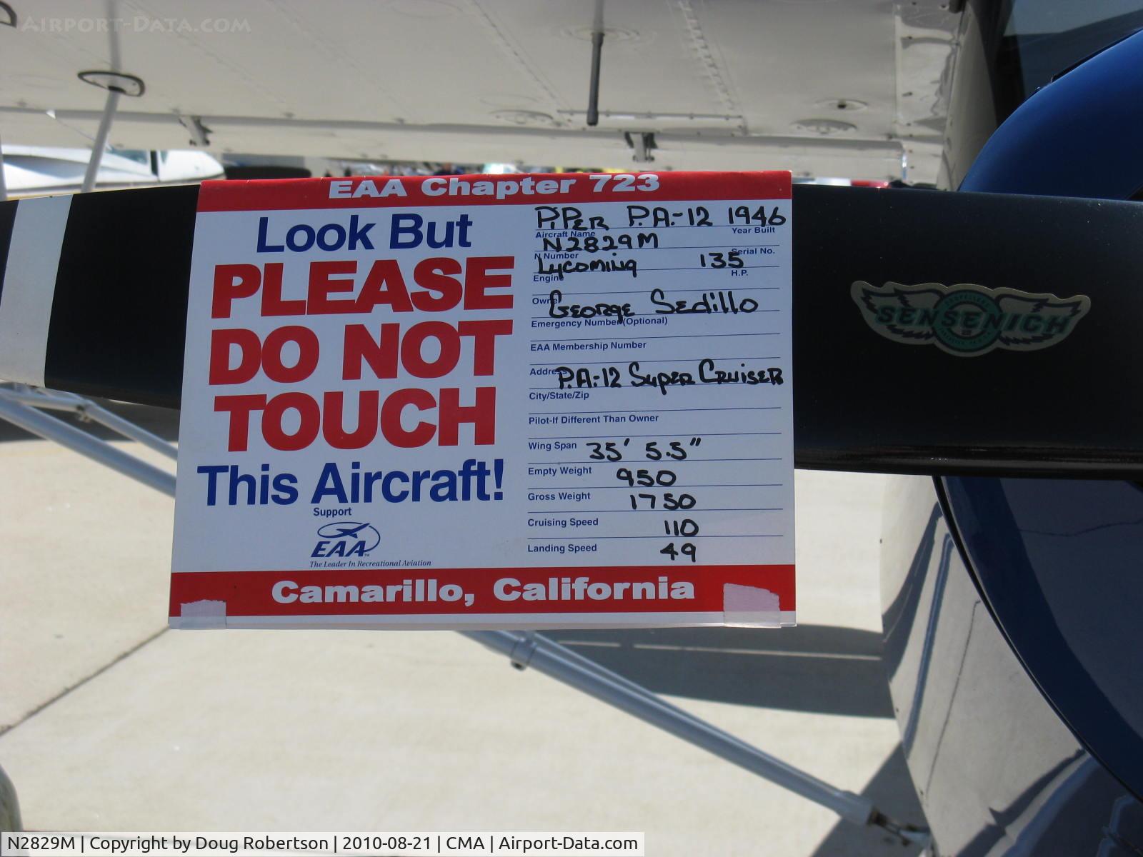 N2829M, 1946 Piper PA-12 Super Cruiser C/N 12-1266, 1946 Piper PA-12 SUPER CRUISER, Lycoming O-290 135 Hp upgrade, data