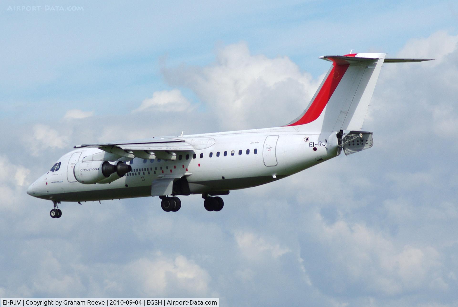 EI-RJV, 2000 British Aerospace Avro 146-RJ85A C/N E2370, Air brake deployed whilst landing at Norwich.