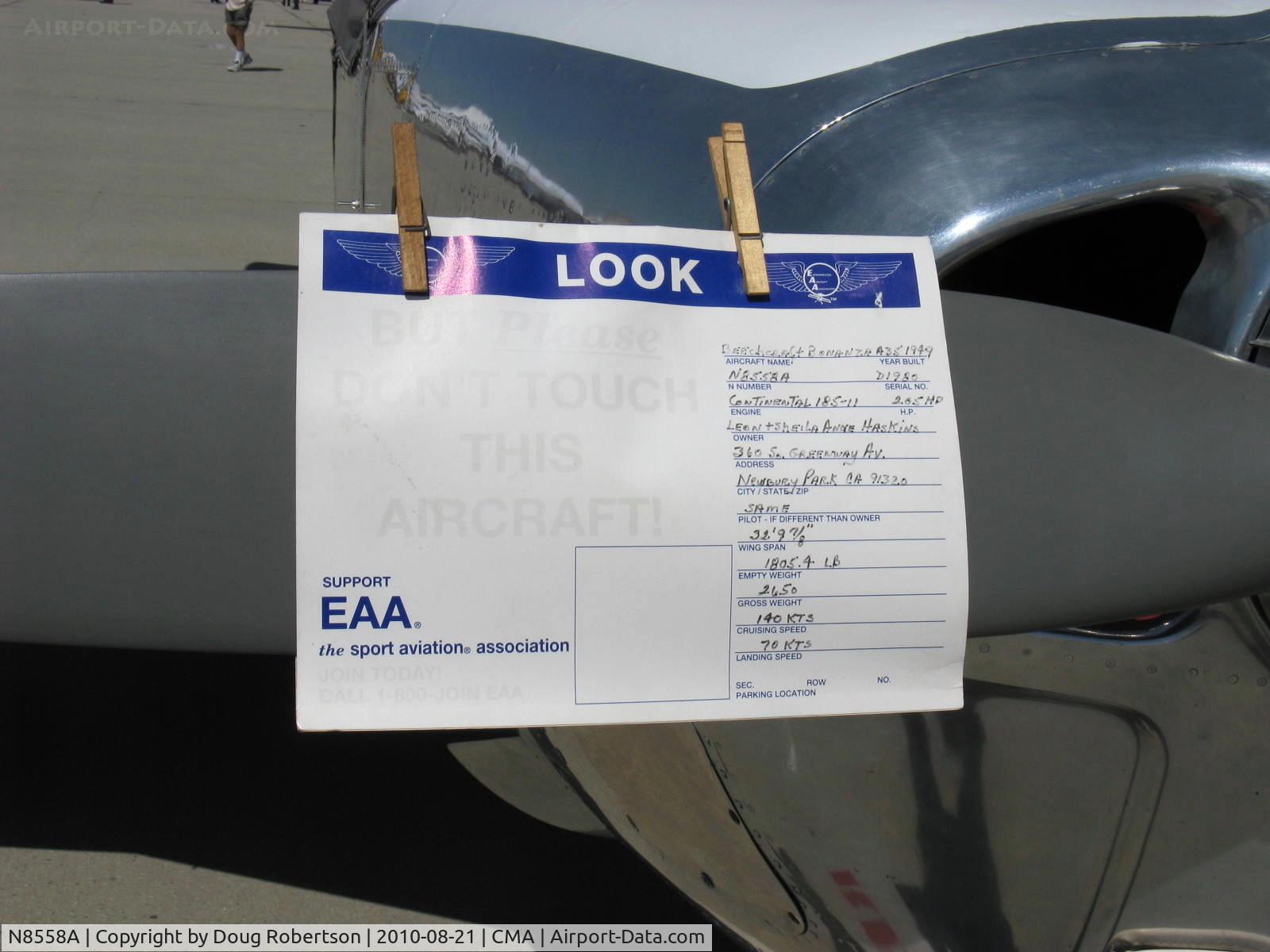 N8558A, 1949 Beech A35 Bonanza C/N D-1980, 1949 Beech A35 BONANZA, Continental E185-11 205 Hp, data