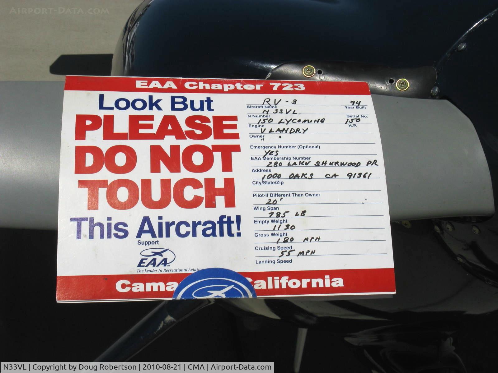 N33VL, 1994 Vans RV-3 C/N 11043, 1994 Landry VAN's RV-3, Lycoming O-320 150 Hp, data