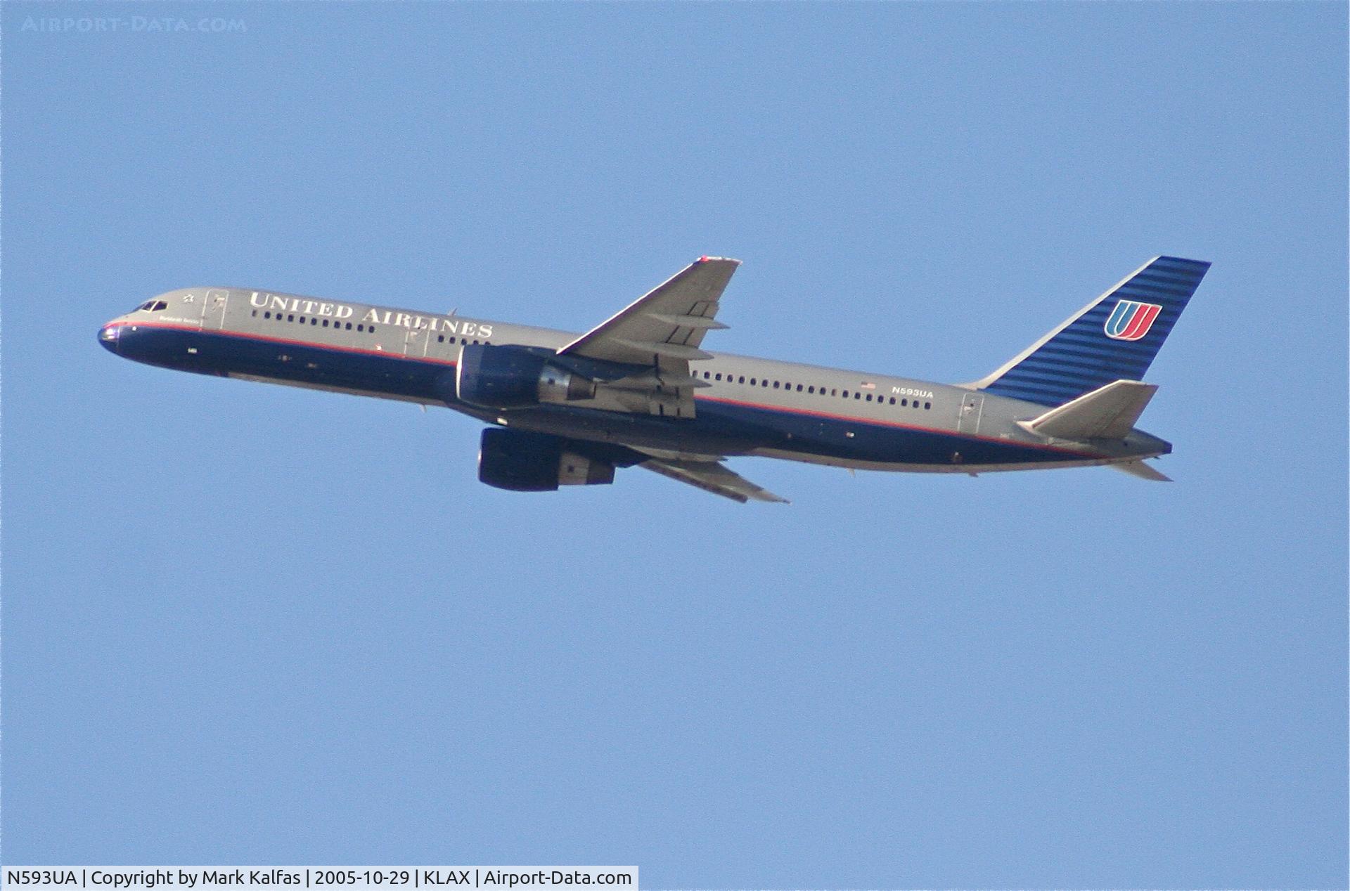 N593UA, 1996 Boeing 757-222(SF) C/N 28144, United Airlines Boeing 757-222, N593UA departing 25R KLAX.