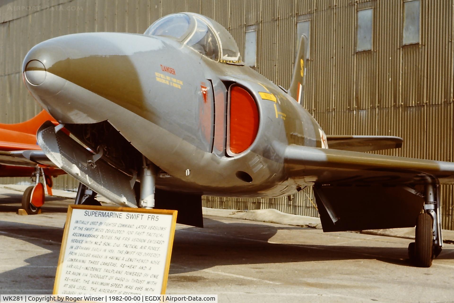 WK281, 1956 Supermarine Swift FR.5 C/N Not found WK281, As airframe 7712M, part of the St Athan Historic Aircraft Collection in 1982. Marked as aircraft S of 79 Squadron RAF and subsequently preserved at the Tangmere Military Museum.