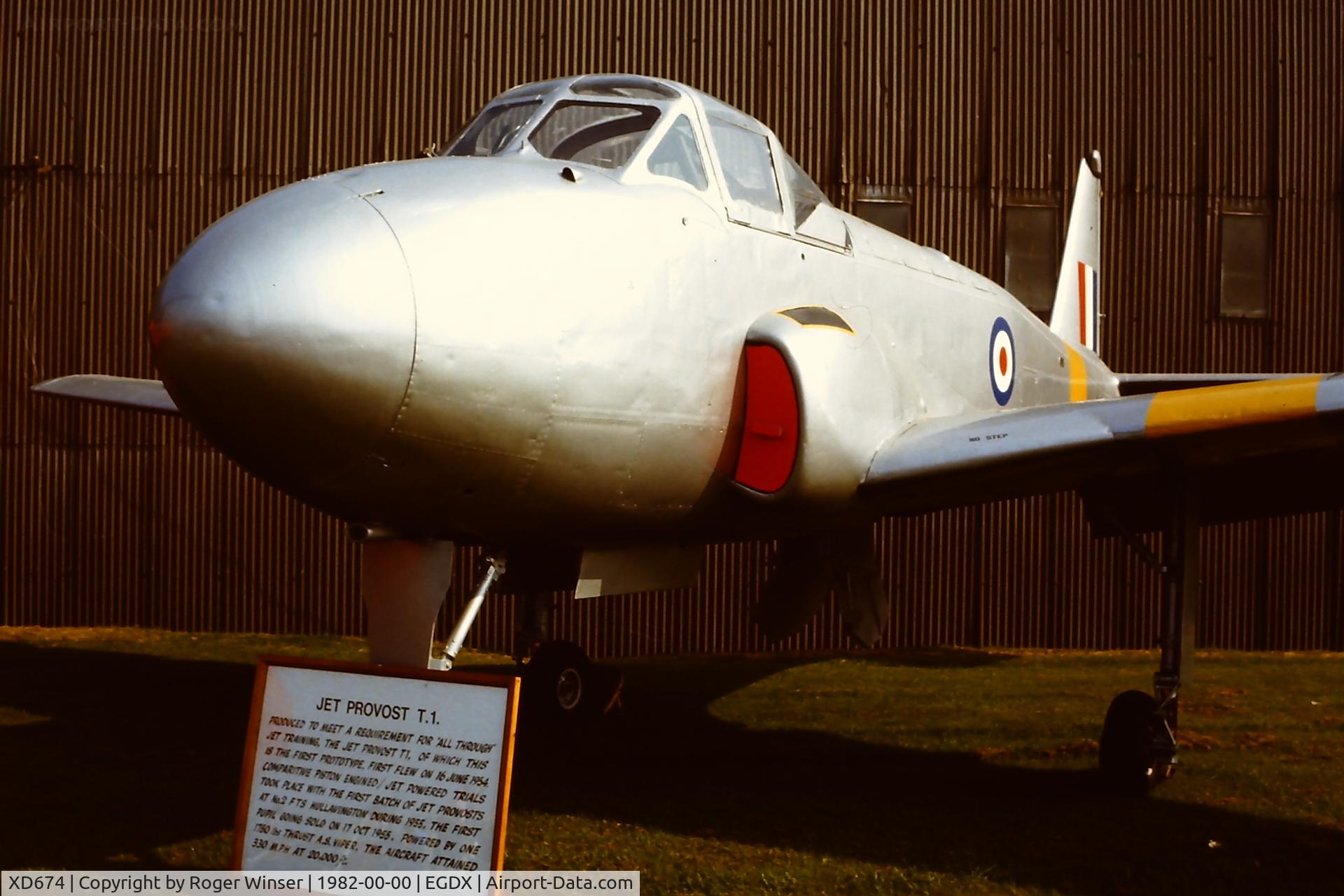 XD674, 1955 Hunting Percival P-84 Jet Provost T.1 C/N PAC/84/001, As airframe 7570M, part of St Athan Historic Aircraft Collection in 1982. Now on display at the RAF Museum Cosford.