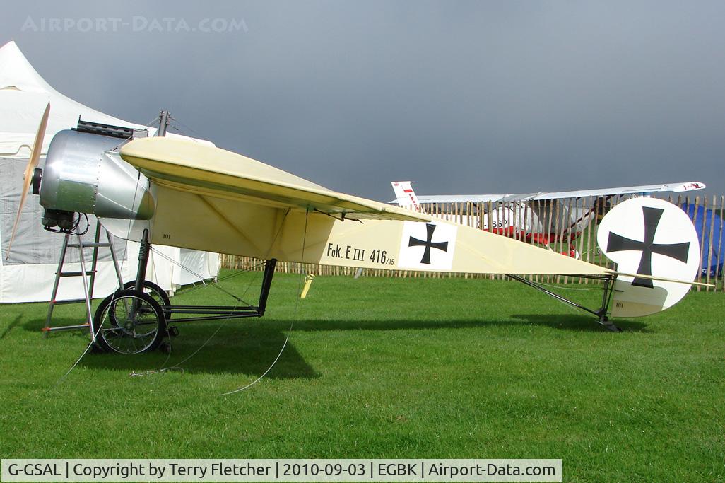 G-GSAL, 2008 Fokker EIII Replica C/N GS-101, GRASS STRIP AVIATION LTD 
Type: REPLICA FOKKER EIII 
Serial No.: GS-101 
exhibited at 2010 LAA National Rally