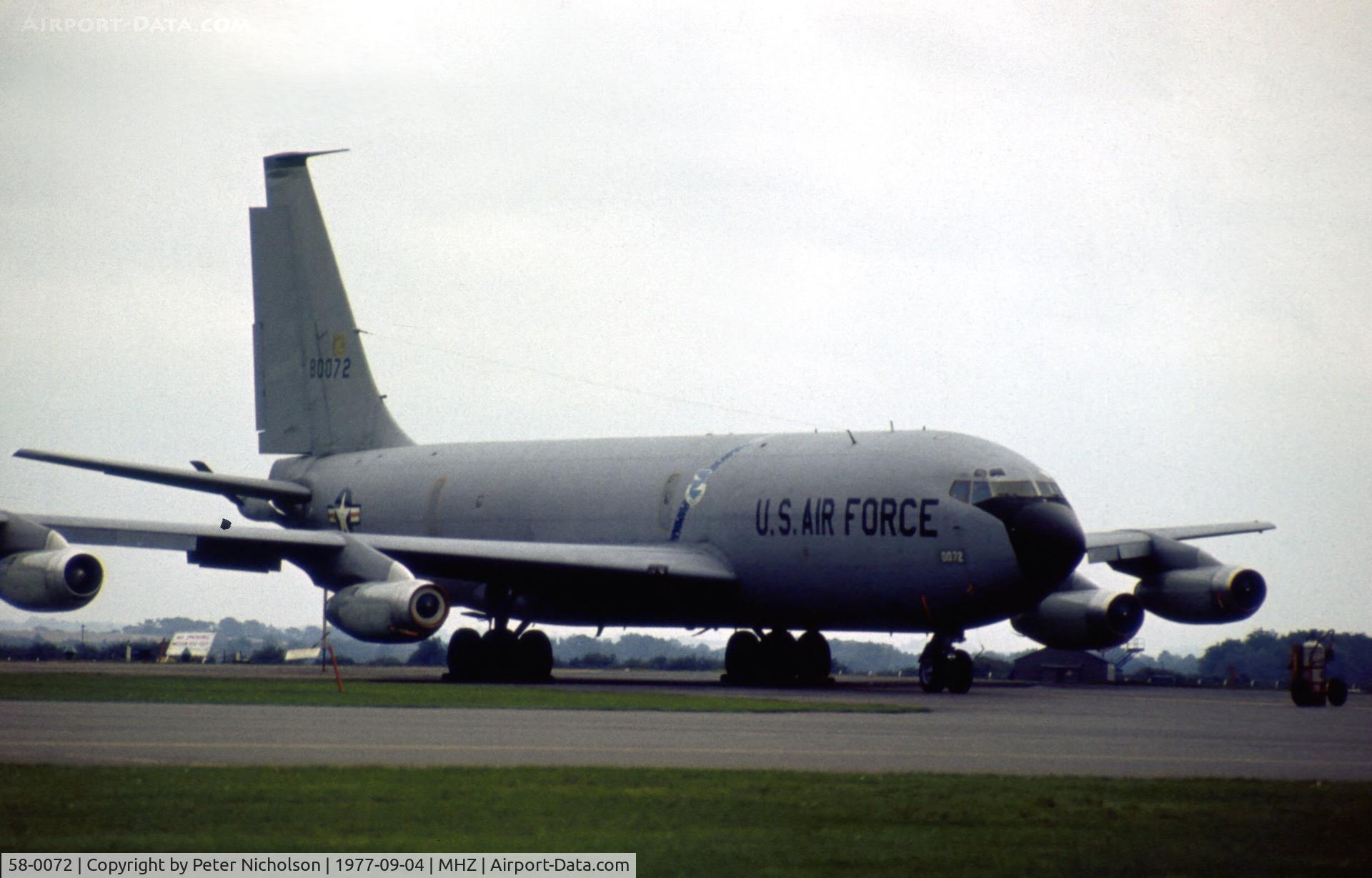 58-0072, 1958 Boeing KC-135Q Stratotanker C/N 17847, KC-135Q Stratotanker of 380th Bombardment Wing seen at Mildenhall in September 1977 on SR-71A Blackbird support duty.