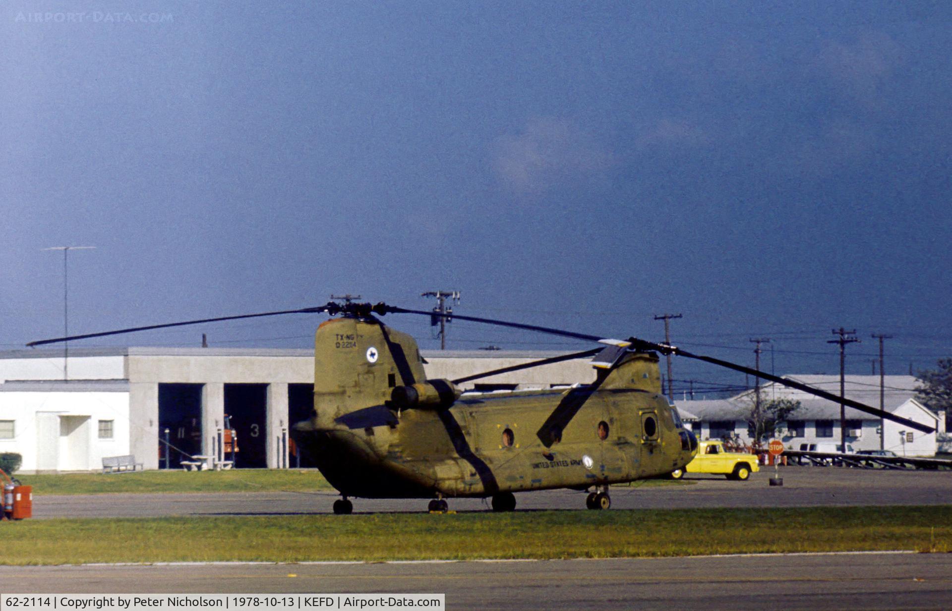 62-2114, 1962 Boeing Vertol CH-47A Chinook C/N B.030, Texas National Guard CH-47A Chinook seen at Ellington AFB in October 1978.