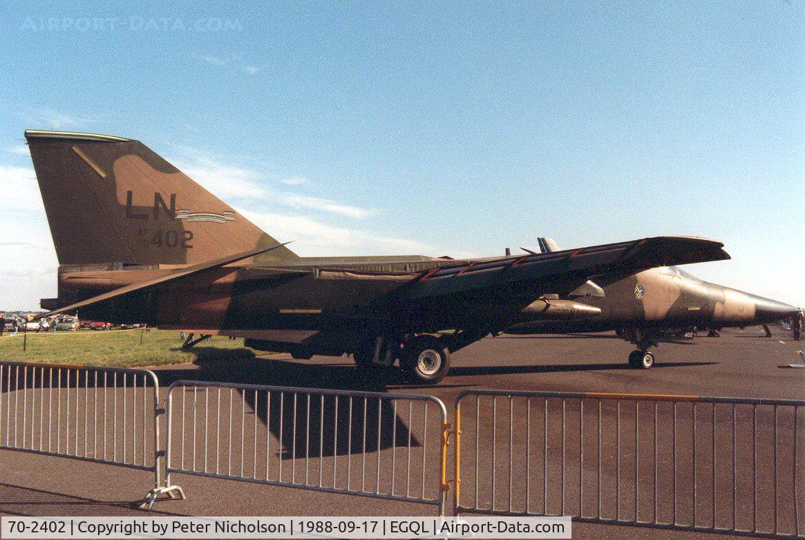 70-2402, 1970 General Dynamics F-111F Aardvark C/N E2-41, F-111F of 495th Tactical Fighter Squadron/48th Tactical Fighter Wing in the static display at the 1988 RAF Leuchars Airshow