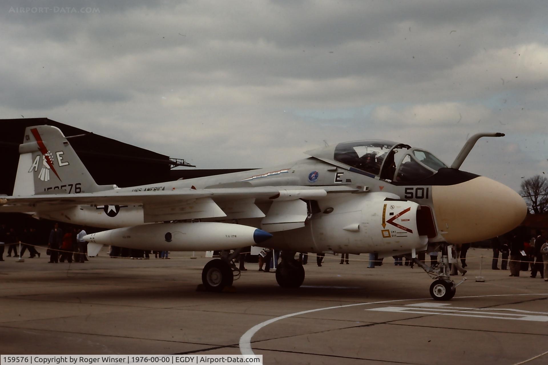 159576, Grumman A-6E Intruder C/N I-565, Coded 501/AE of VA-176 from the USS America Carrier Air Wing at RNAS Yeovilton Air Day in 1976.