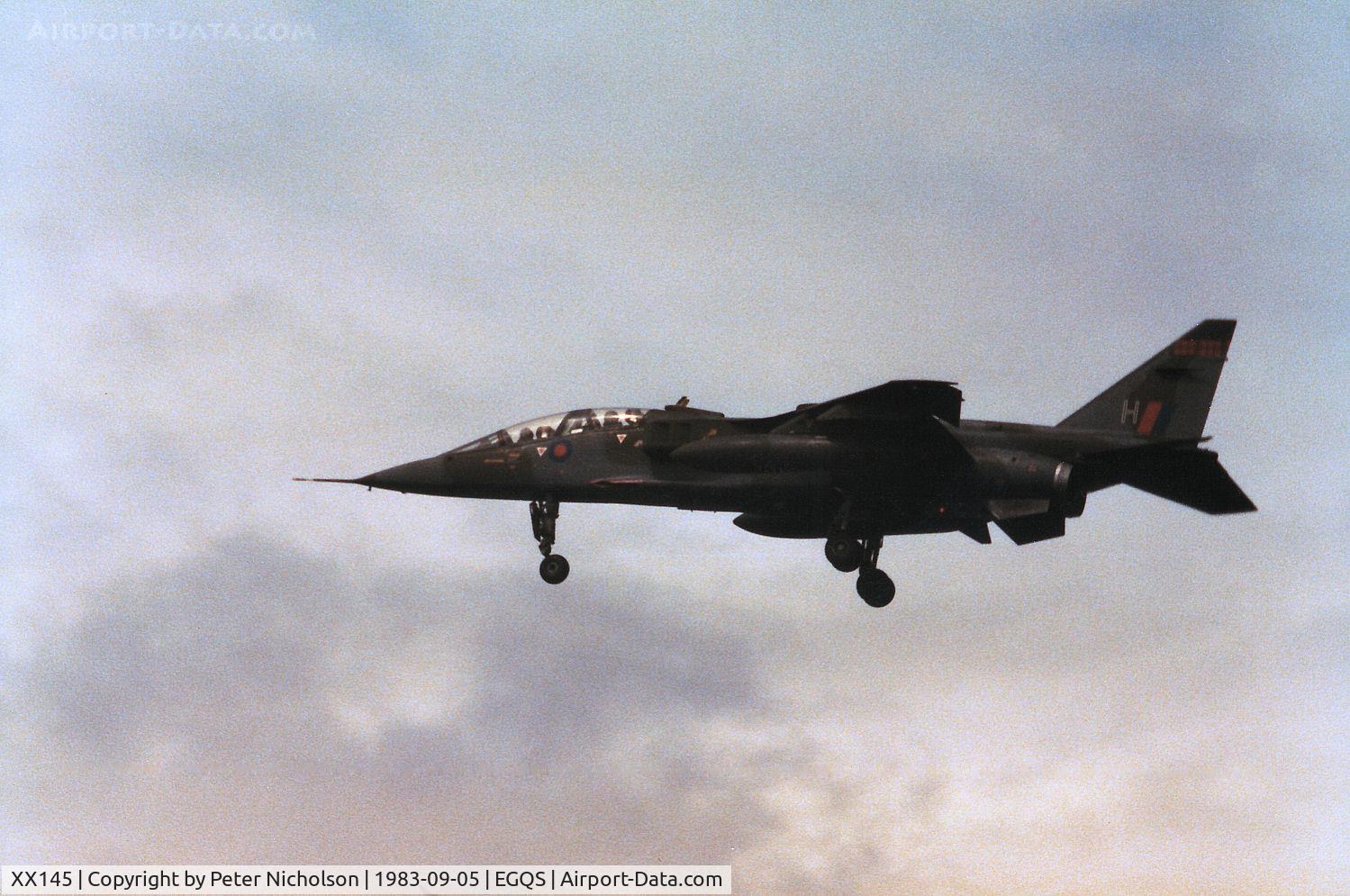 XX145, 1974 Sepecat Jaguar T.2 C/N B.10, Jaguar T.2 of 226 Operational Conversion Unit landing at RAF Lossiemouth in September 1983.