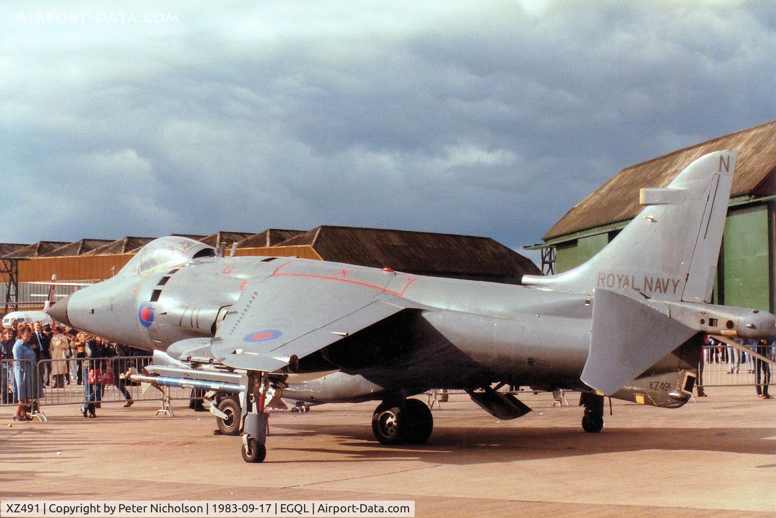 XZ491, 1980 British Aerospace Sea Harrier FRS.1 C/N 41H-912015, Sea Harrier FRS.1 of RNAS Yeovilton's 899 Squadron on display at the 1983 RAF Leuchars Airshow.