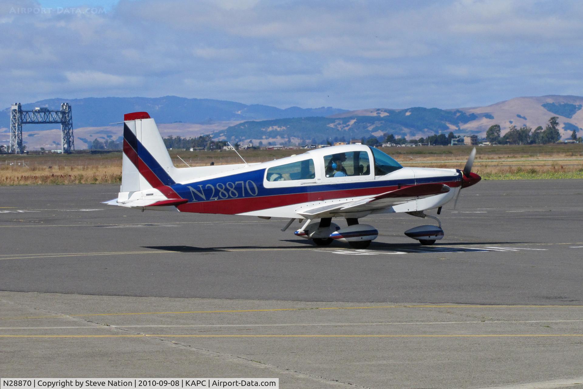 N28870, 1978 Grumman American AA-5B Tiger C/N AA5B0875, 1978 Grumman American Avn. Corp. AA-5B, c/n: AA5B0875 arriving from KSBA with Napa River RR bridge in background