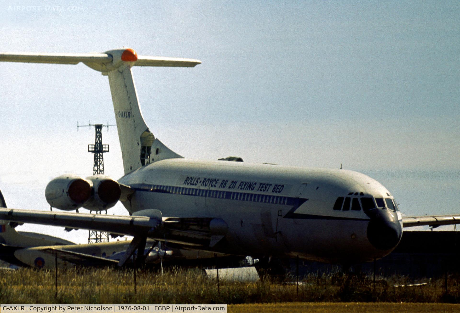 G-AXLR, Vickers VC10 Srs 1196 C/N 829, VC-10 C.1 formerly XR 809 acted as the Rolls-Royce RB.211 testbed and was seen stored at Kemble in the Summer of 1976 awaiting final disposal.