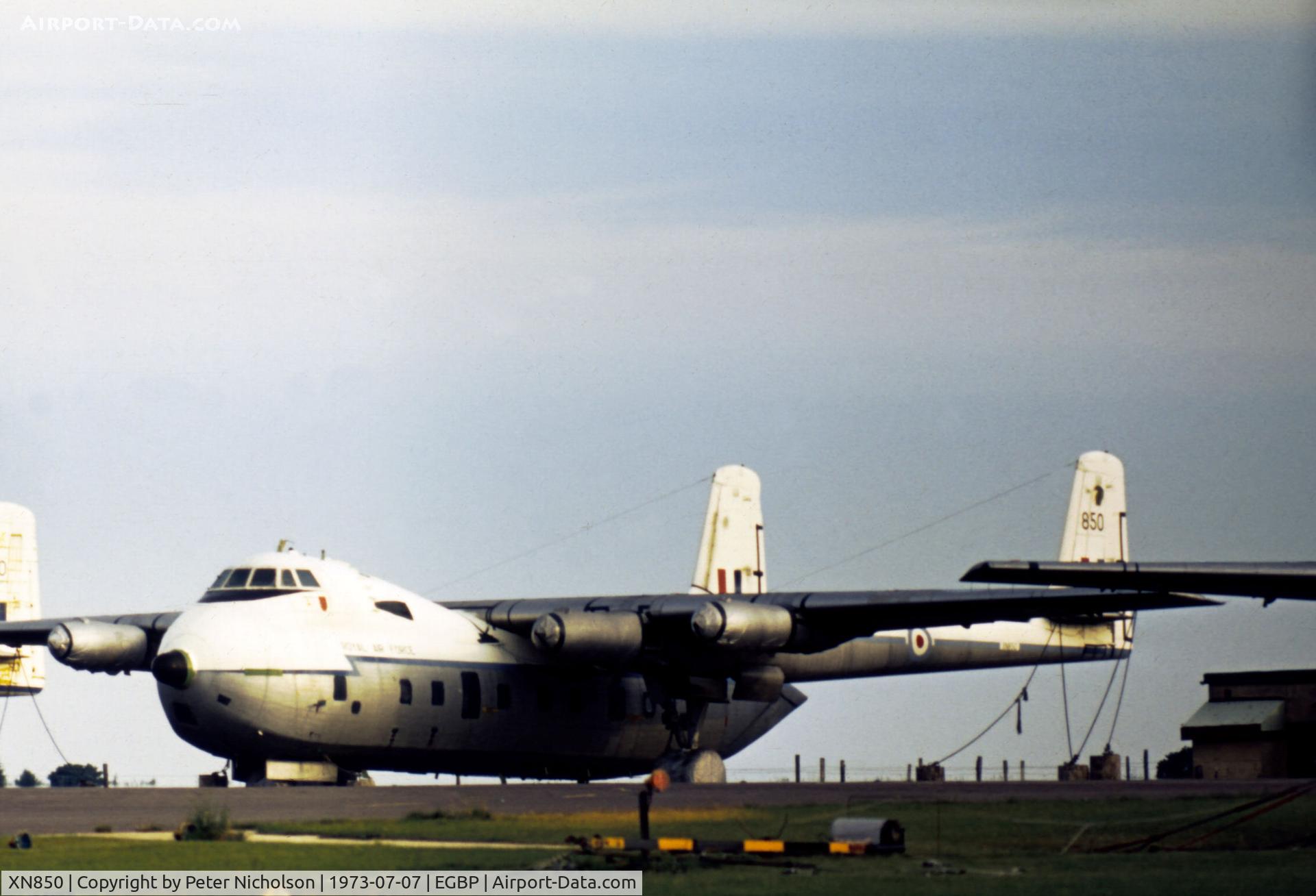 XN850, 1961 Armstrong Whitworth AW-660 Argosy C.1 C/N 6754, Argosy C.1 of 114 Squadron in storage at RAF Kemble in the Summer of 1973.