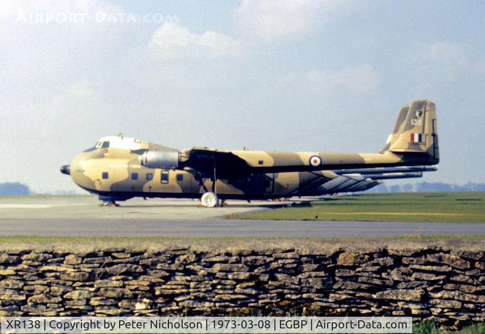 XR138, 1963 Armstrong Whitworth AW-660 Argosy C.1 C/N 6793, Argosy C.1 of 114 Squadron in storage at RAF Kemble in the Spring of 1973.