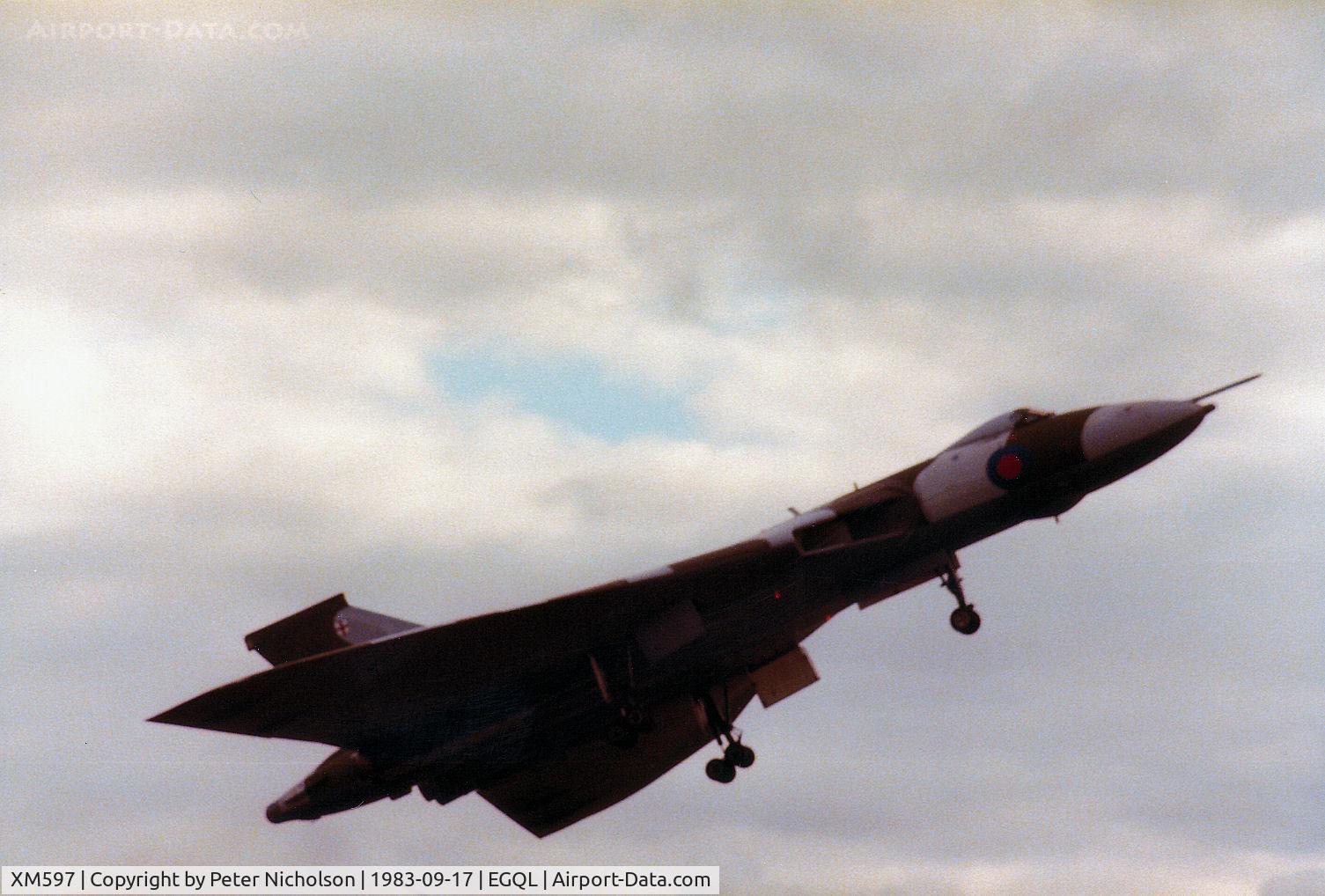 XM597, 1963 Avro Vulcan B.2 C/N Set 61, Vulcan B.2 of RAF Waddington's 50 Squadron climbing after take-off at the 1983 RAF Leuchars Airshow.