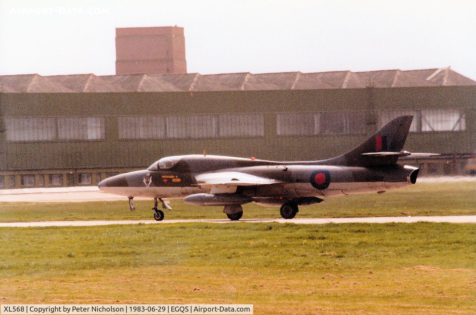 XL568, 1958 Hawker Hunter T.7A C/N 41H-693719, Hunter T.7A of 12 Squadron at RAF Lossiemouth returning after a mission in the Summer of 1983.