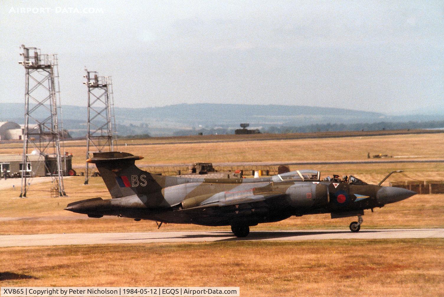 XV865, 1968 Hawker Siddeley Buccaneer S.2B C/N B3-14-67, Buccaneer S.2B of 208 Squadron awaiting clearance to join the active runway at RAF Lossiemouth in May 1984.