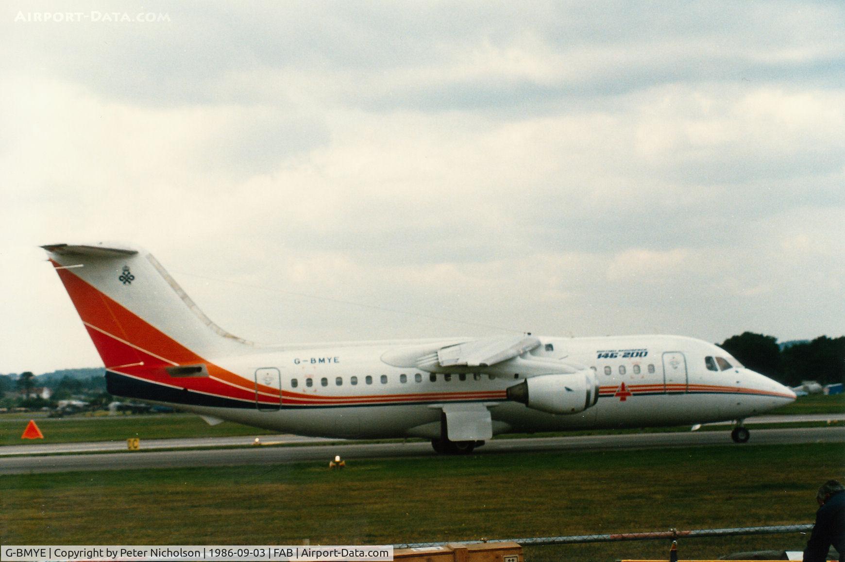 G-BMYE, 1982 British Aerospace BAe.146-200 C/N E2008, This Series 200 BAe 146 was demonstrated at the 1986 Farnborough Airshow.
