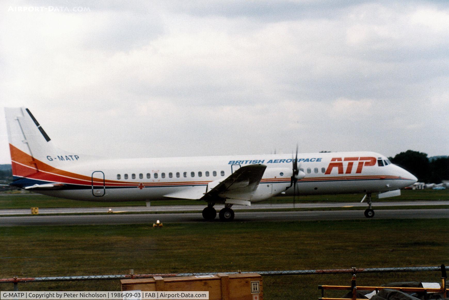 G-MATP, 1986 British Aerospace ATP C/N 2001, British Aerospace demonstrated this Advanced Turboprop Transport at the 1986 Farnborough Airshow.