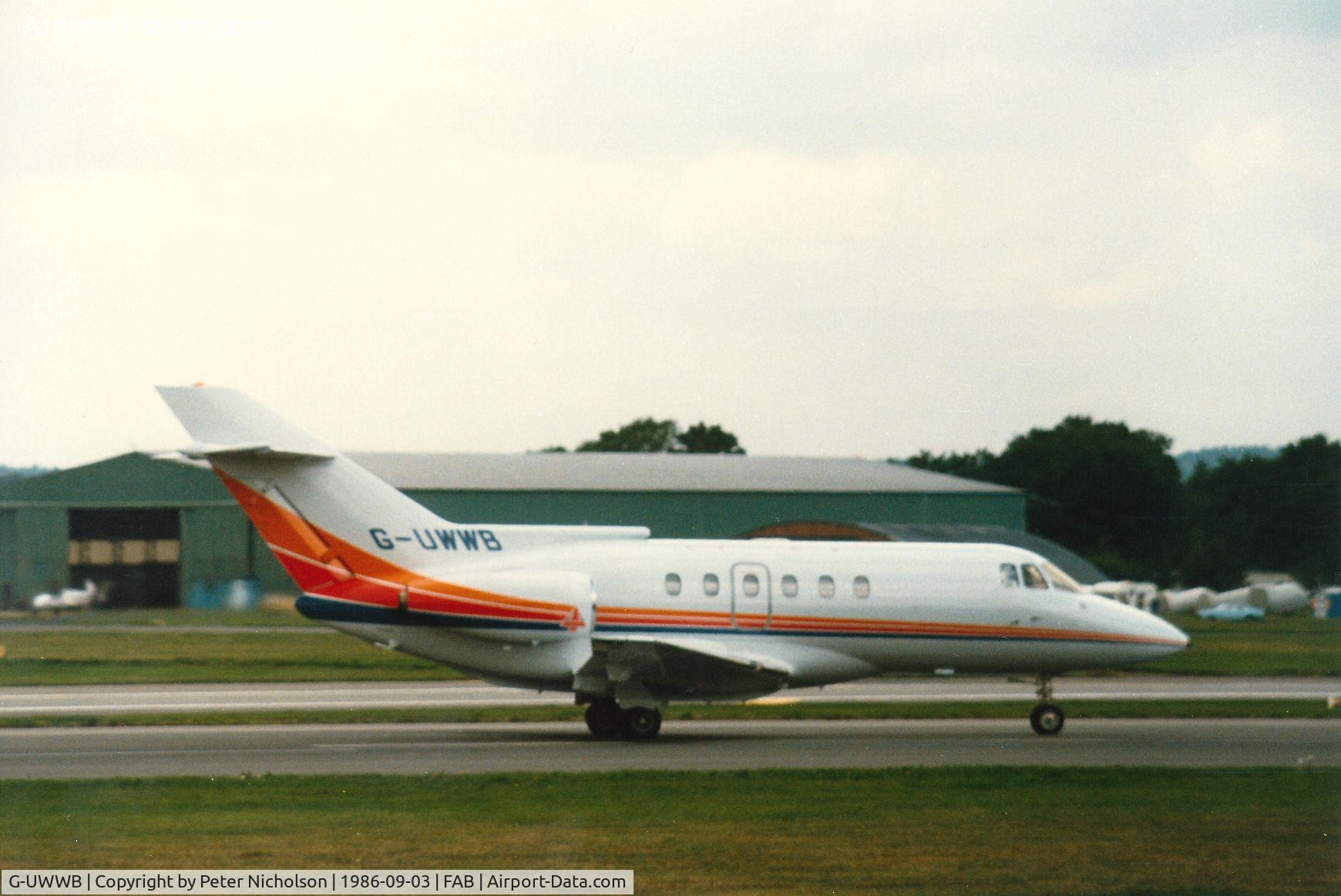 G-UWWB, 1983 British Aerospace BAe.125-800B C/N 258001, British Aerospace demonstrated this Series 800 BAe 125 at the 1986 Farnborough Airshow.