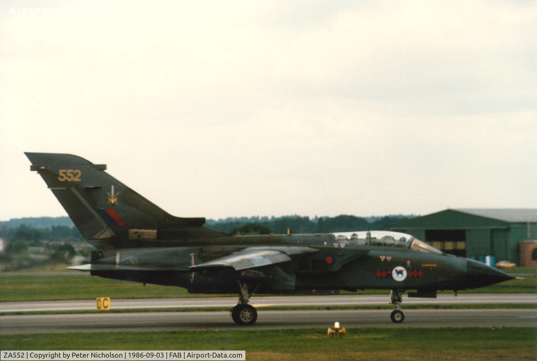 ZA552, 1981 Panavia Tornado GR.1 C/N 068/BT019/3036, This Tornado of RAF Honington's Tactical Weapons Conversion Unit was flown at the 1986 Farnborough Airshow.