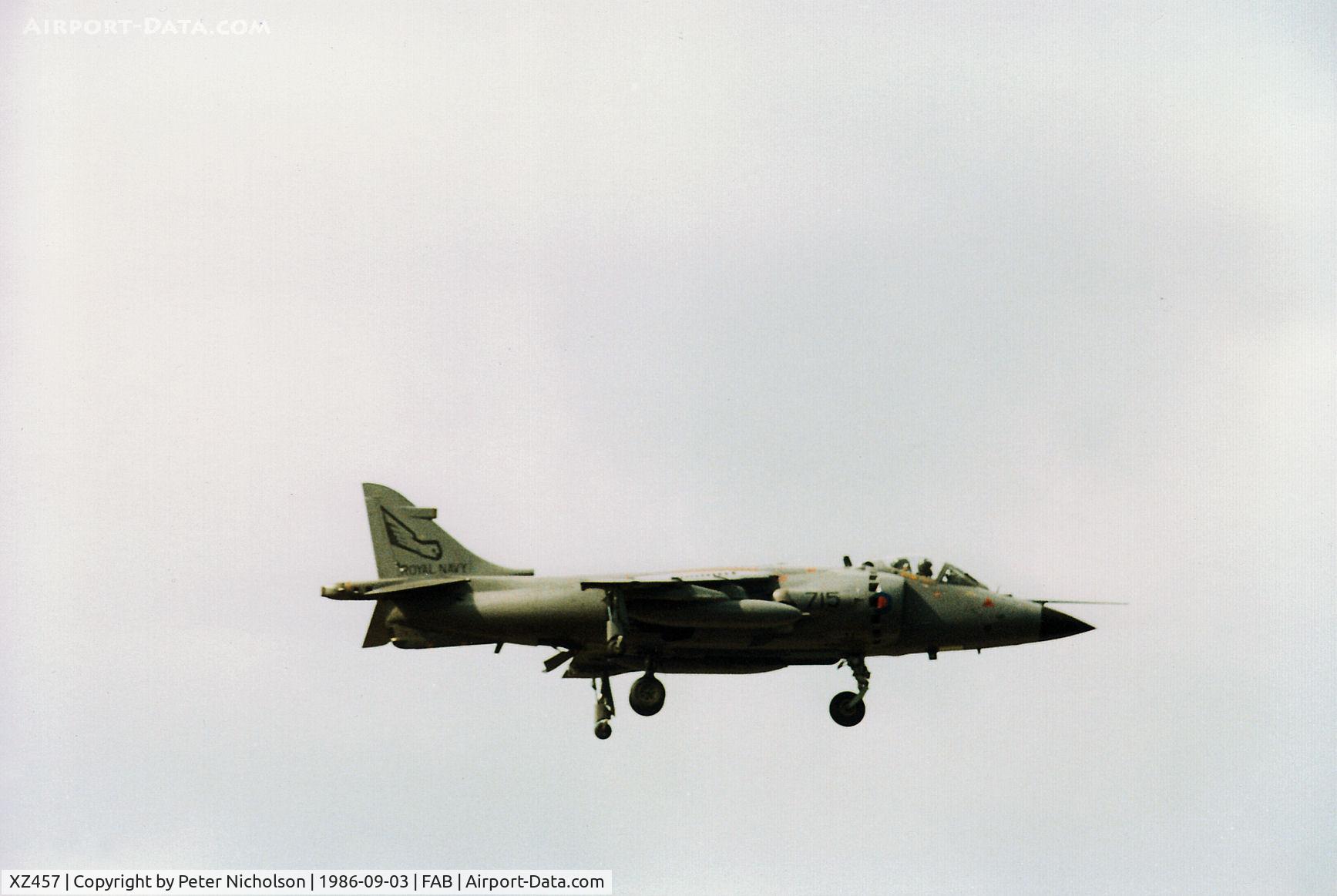 XZ457, 1979 British Aerospace Sea Harrier FRS.1 C/N 41H-912011, This Sea Harrier FRS.1 of 899 Squadron at RNAS Yeovilton was flown at the 1986 Farnborough Airshow.