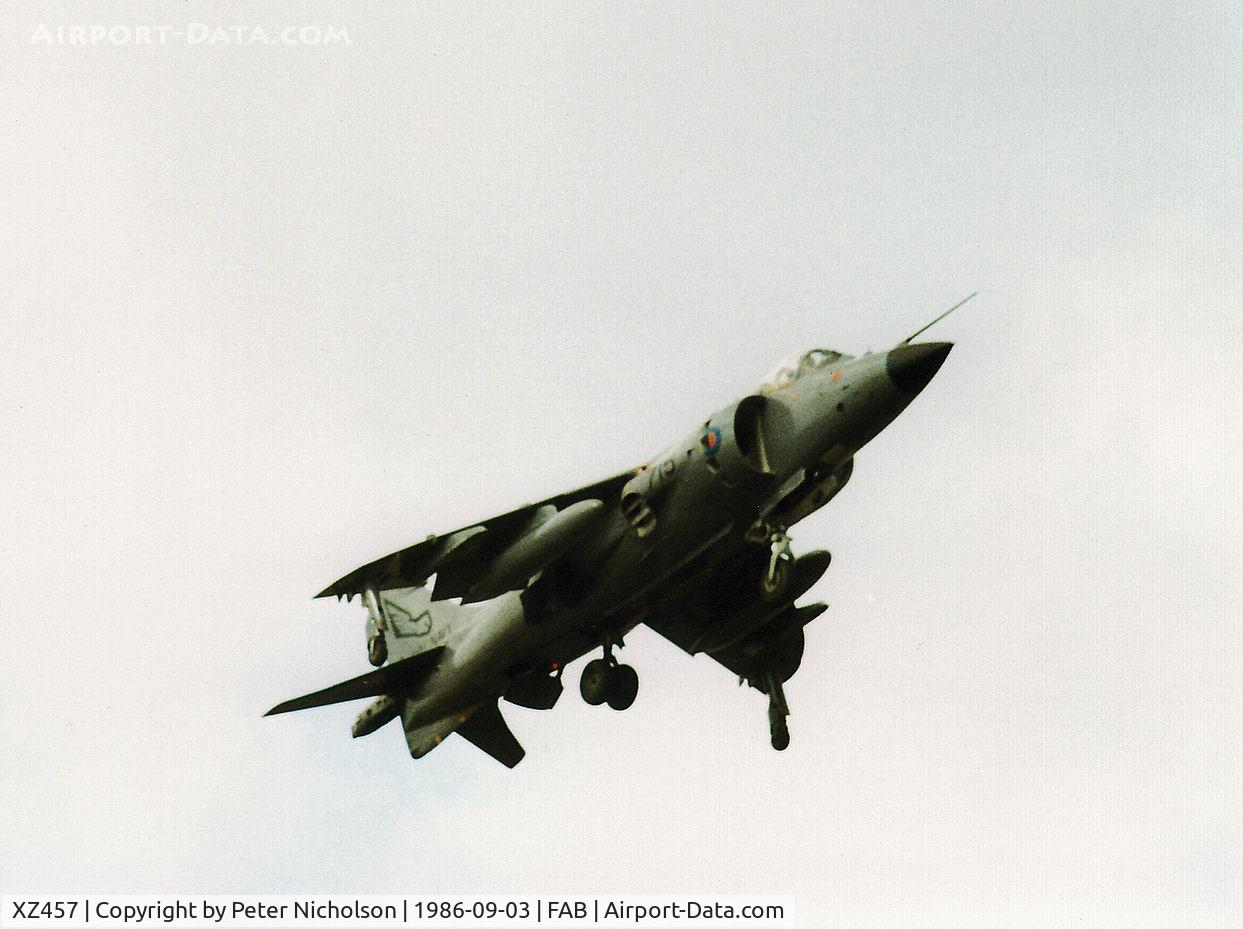XZ457, 1979 British Aerospace Sea Harrier FRS.1 C/N 41H-912011, 899 Squadron Sea Harrier FRS.1 in the hover at the 1986 Farnborough Airshow.