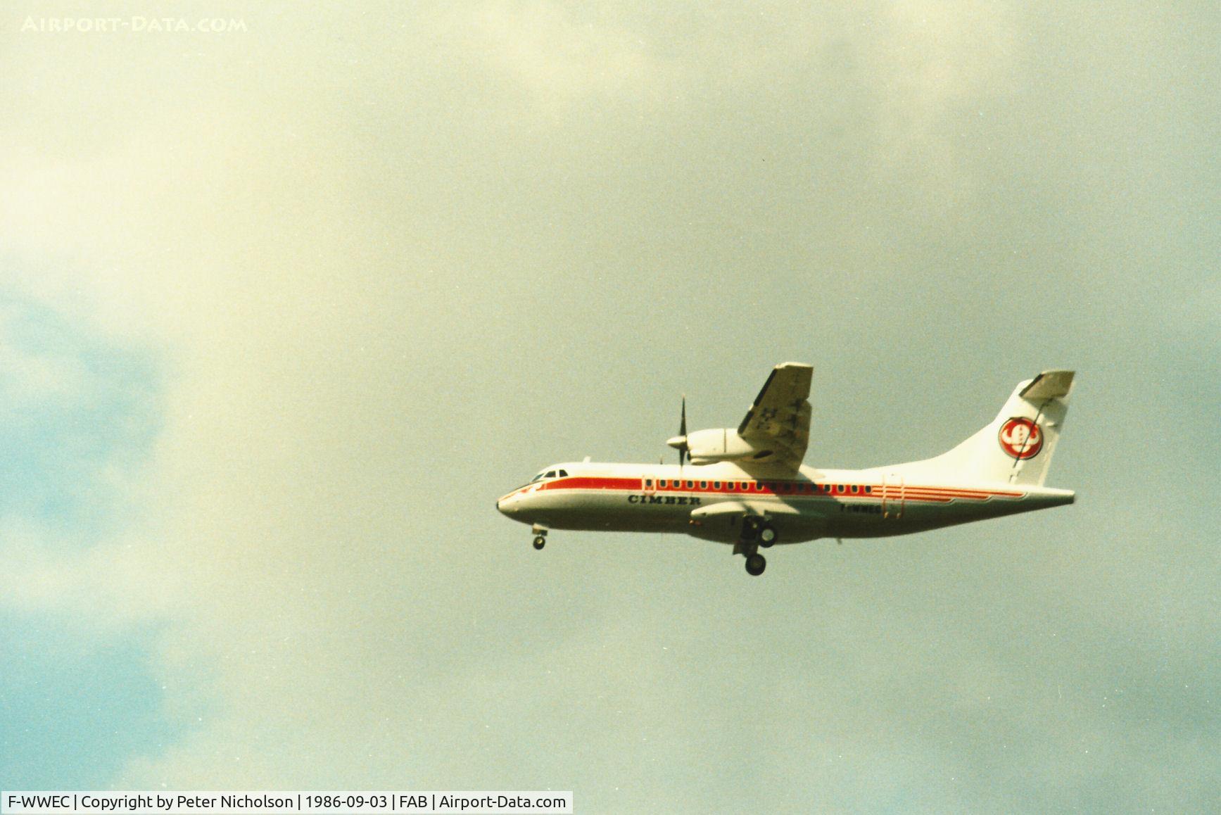 F-WWEC, 1986 ATR 42-312 C/N 024, ATR 42 for Danish operator Cimber Air was demonstrated at the 1986 Farnborough Airshow.