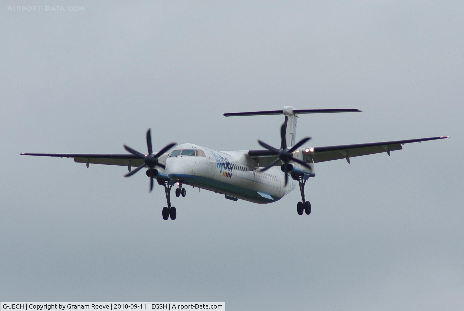 G-JECH, 2005 De Havilland Canada DHC-8-402Q Dash 8 C/N 4103, Landing at Norwich.