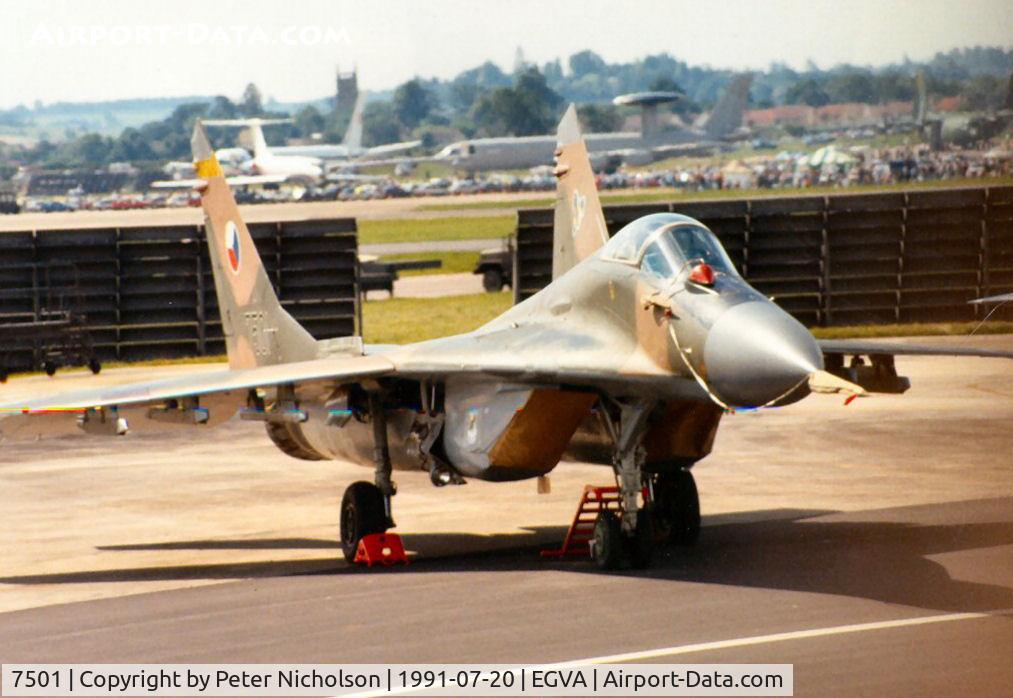 7501, Mikoyan-Gurevich MiG-29 C/N 2960526375, MiG-29 Fulcrum A of 11th Fighter Regiment Czech Air Force on the flight-line at the 1991 Intnl Air Tattoo at RAF Fairford.