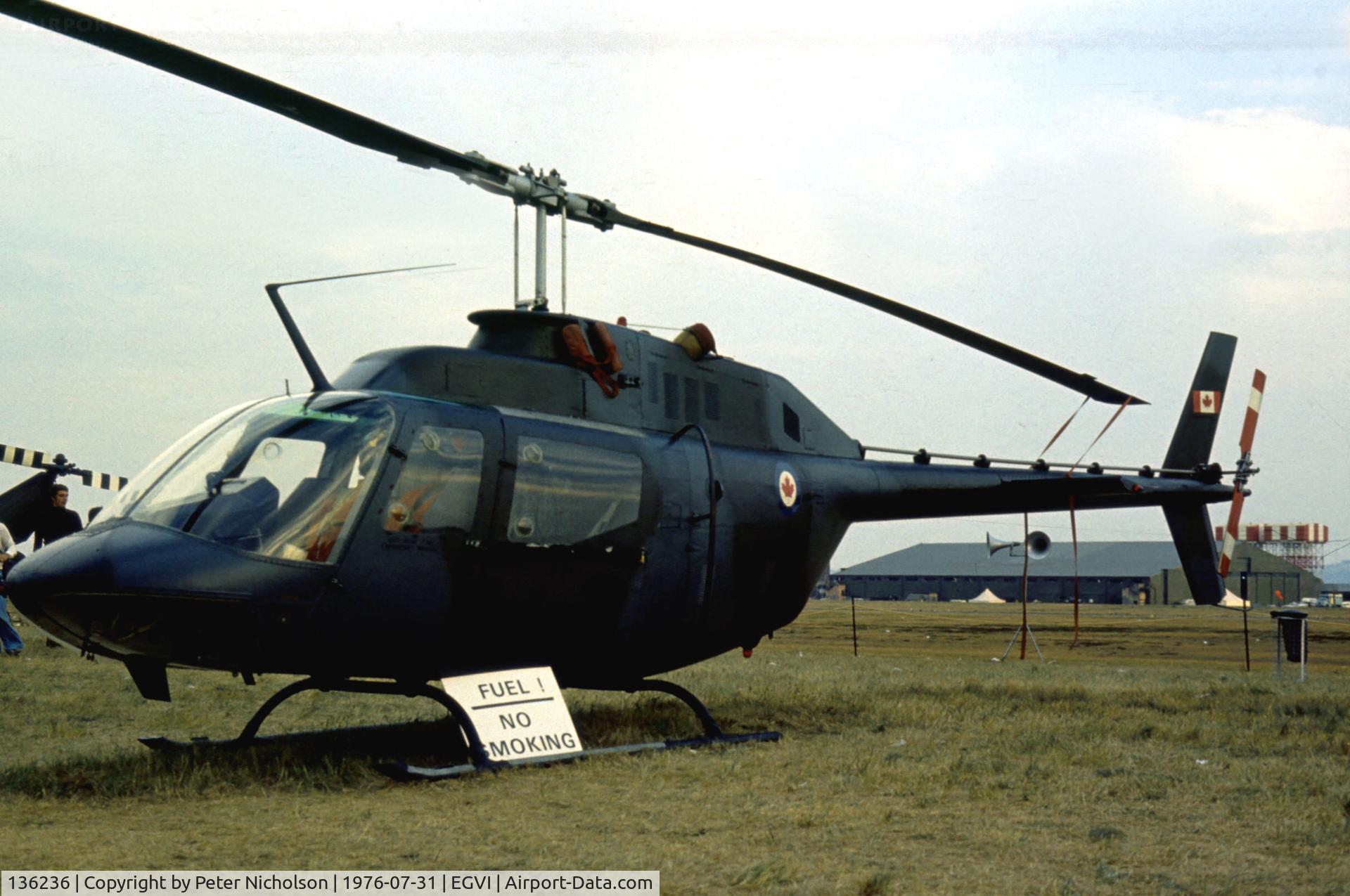 136236, 1972 Bell CH-136 Kiowa C/N 44036, CH-136 Kiowa of 444 Squadron Canadian Armed Forces based at Lahr on display at the 1976 Intnl Air Tattoo at RAF Greenham Common.