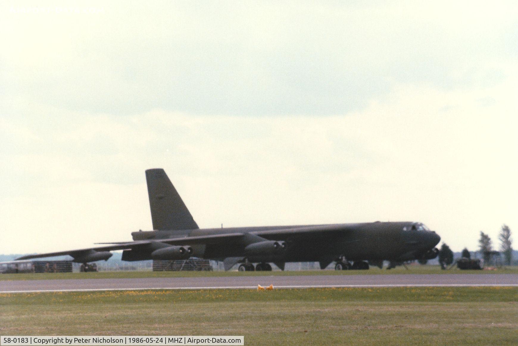58-0183, 1958 Boeing B-52G Stratofortress C/N 464251, B-52G Stratofortress of 97th Bombardment Wing at Blytheville AFB (now known as Eaker AFB) on display at the 1986 RAF Mildenhall Air Fete.