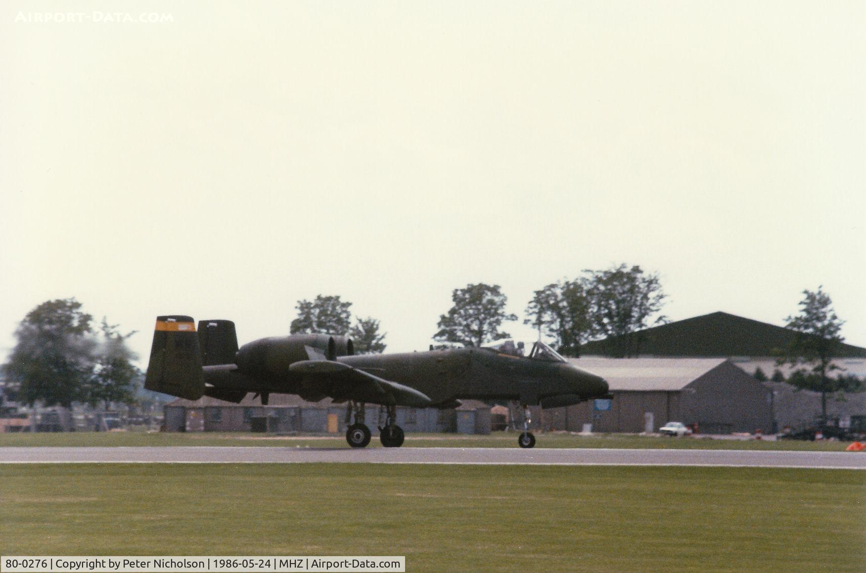 80-0276, 1980 Fairchild Republic A-10A Thunderbolt II C/N A10-0626, A-10A Thunderbolt of  92nd Tactical Fighter Squadron/81st Tactical Fighter Wing taxying after display at the 1986 RAF Mildenhall Air Fete.