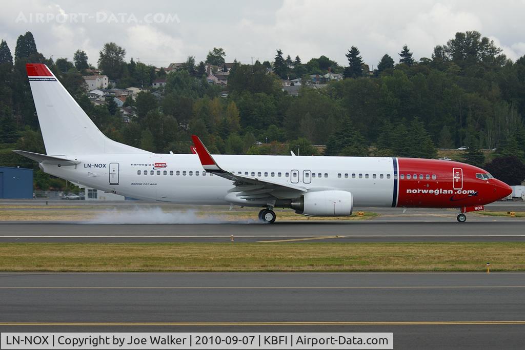LN-NOX, 2010 Boeing 737-8JP C/N 37818, Norwegian Air Shuttle smokes the tires after a pre-delivery test flight.  Model: 737-8JP.
Serial number: 37818  Line number: 3384