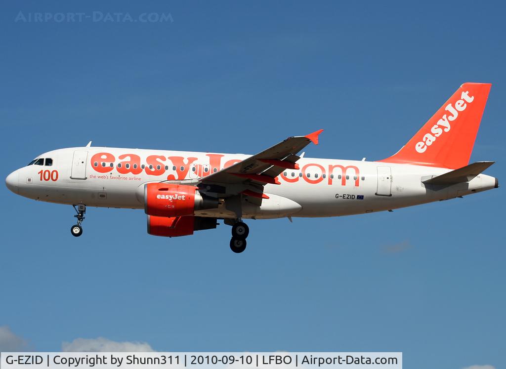 G-EZID, 2005 Airbus A319-111 C/N 2442, Landing rwy 32L with additional '100' titles under the cockpit
