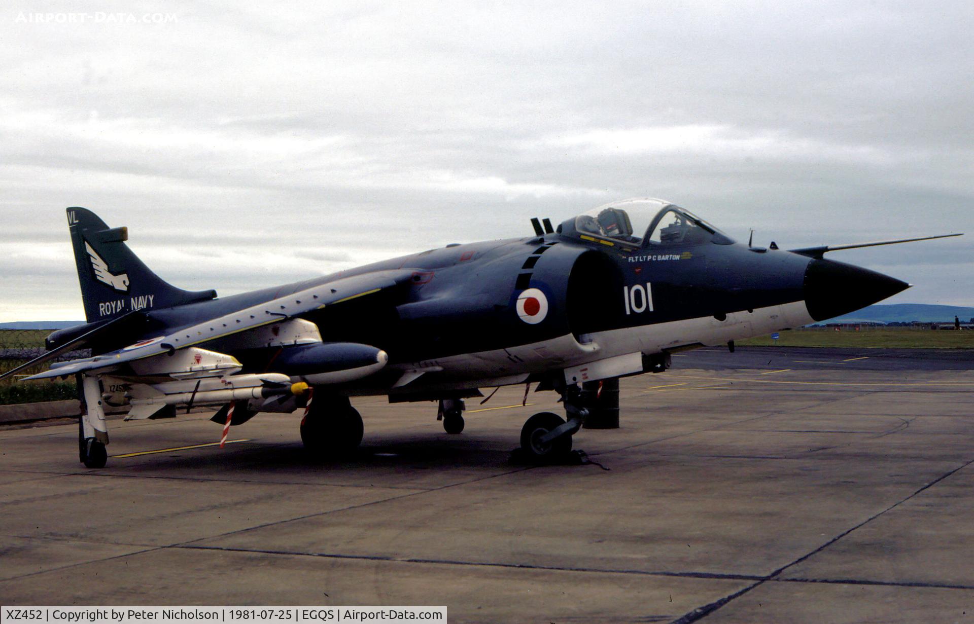 XZ452, 1979 British Aerospace Sea Harrier FRS.1 C/N 41H-912006, Sea Harrier FRS.1 of RNAS Yeovilton's 899 Squadron on display at the 1981 RAF Lossiemouth Airshow.
