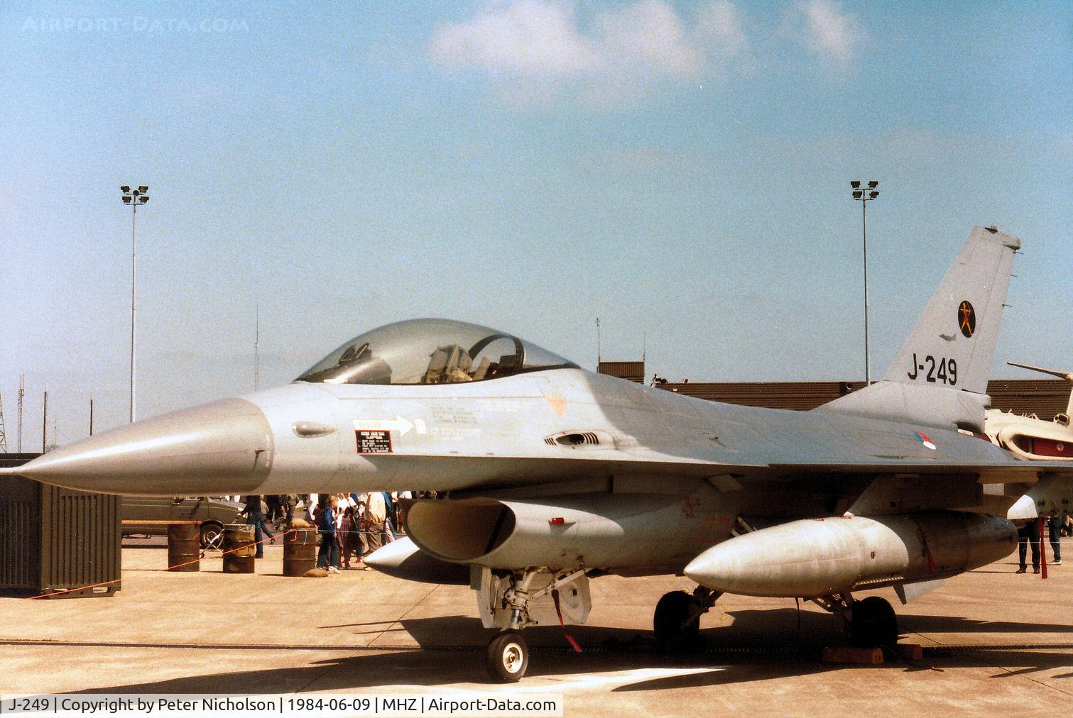 J-249, 1978 Fokker F-16A Fighting Falcon C/N 6D-38, F-16A Falcon of 323 Squadron Royal Netherlands Air Force on display at the 1984 RAF Mildenhall Air Fete.