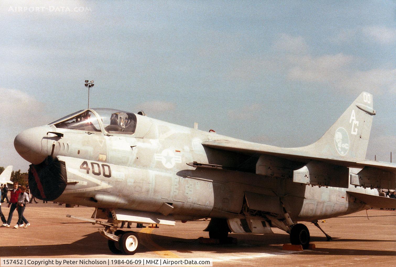 157452, LTV A-7E Corsair II C/N E-175, A-7E Corsair of Attack Squadron VA-12 aboard USS Dwight D Eisenhower on display at the 1984 RAF Mildenhall Air Fete.