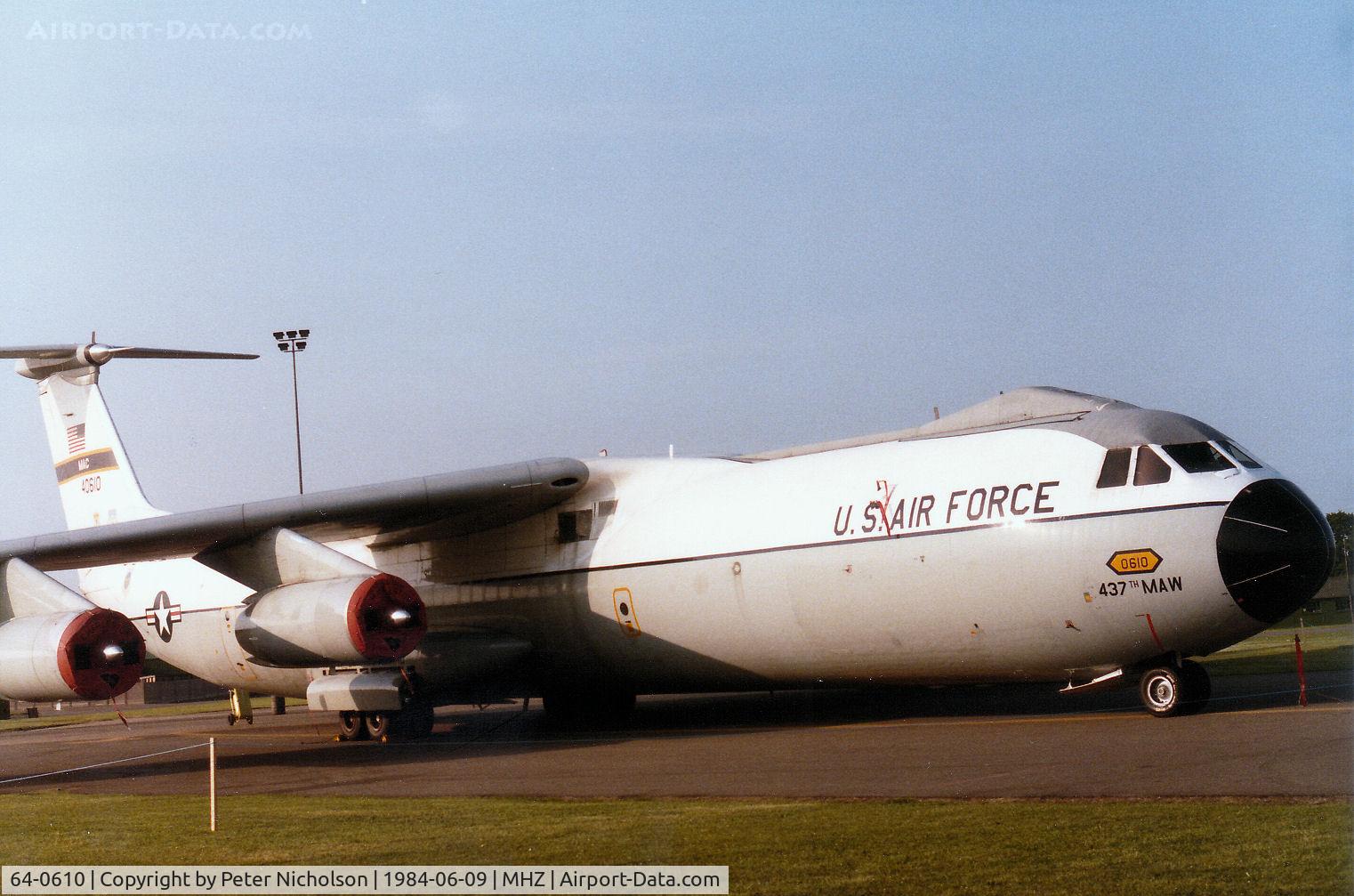 64-0610, 1964 Lockheed C-141A Starlifter C/N 300-6023, C-141A Starlifter of 437th Military Airlift Wing at Charleston AFB on display at the 1984 RAF Mildenhall Air Fete.