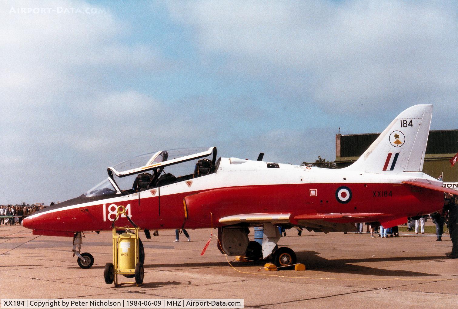XX184, 1977 Hawker Siddeley Hawk T.1 C/N 031/312031, Hawk T.1 of RAF Valley's 4 Flying Training School on display at the 1984 RAF Mildenhall Air Fete.