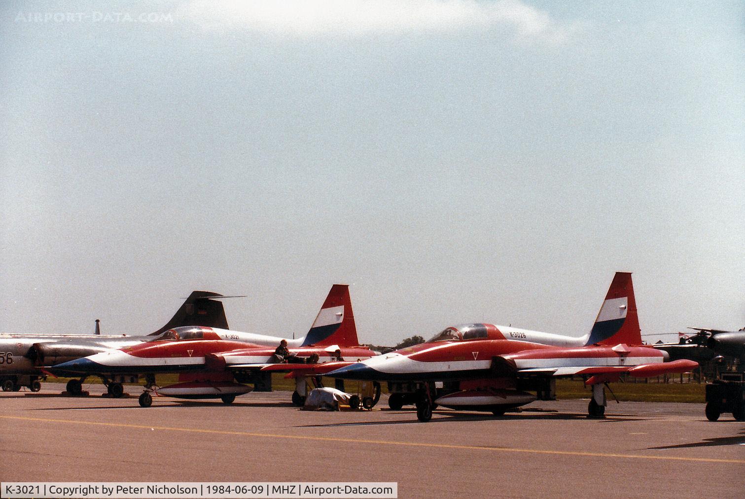 K-3021, 1970 Canadair NF-5A Freedom Fighter C/N 3021, NF-5A Freedom Fighter of 314 Squadron Royal Netherlands Air Force alongside companion K-3026 on  the flight-line at the 1984 RAF Mildenhall Air Fete.