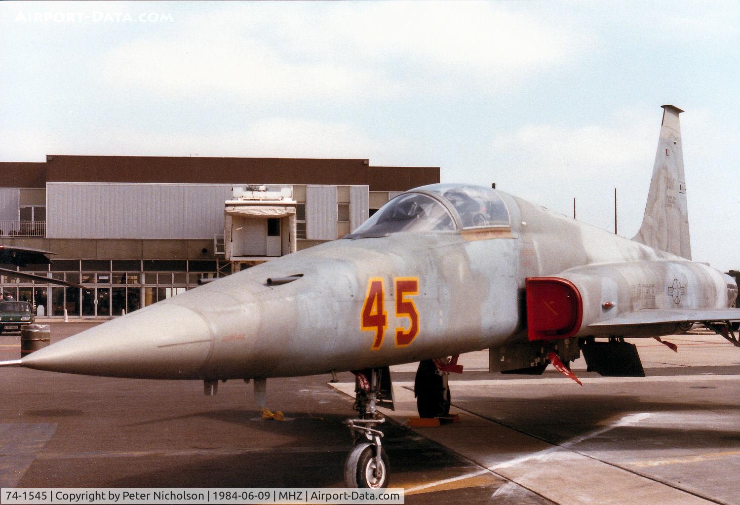 74-1545, 1974 Northrop F-5E Tiger II C/N R.1203, F-5E Tiger II of 527th Aggressor Squadron based at RAF Alconbury on display at the 1984 RAF Mildenhall Air Fete.