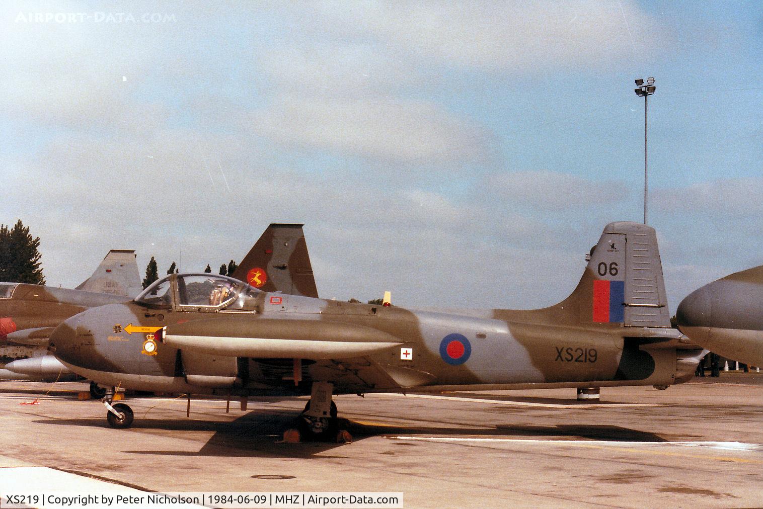 XS219, 1964 BAC 84 Jet Provost T.4 C/N PAC/W/23896, Jet Provost T.4 of 1 Tactical Weapons Unit based at RAF Brawdy on dsplay at the 1984 RAF Mildenhall Air Fete.