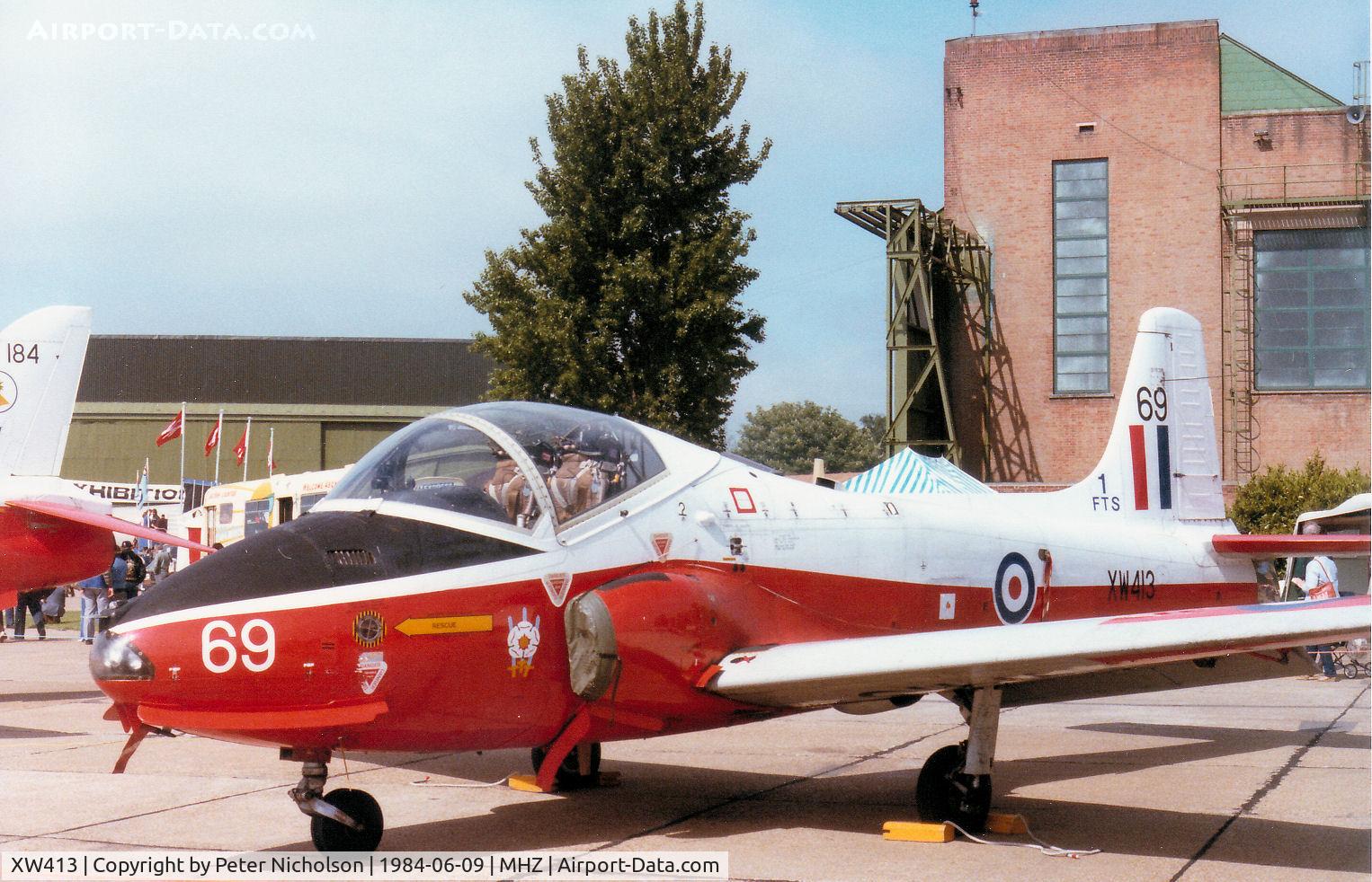 XW413, 1971 BAC 84 Jet Provost T.5A C/N EEP/JP/1035, Jet Provost T.5A of 1 Flying Training School at RAF Linton-on-Ouse on display at the 1984 RAF Mildenhall Air Fete.