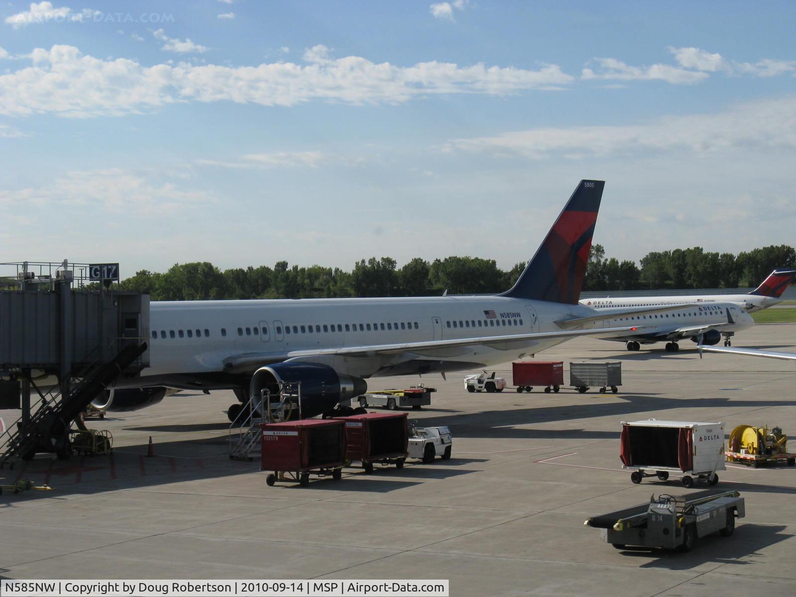 N585NW, 2002 Boeing 757-351 C/N 32985, 2002 Boeing 757-351 of Delta Airlines, repainted livery ex NorthWest Airlines asset before merger, two P&W PW2040 Turbofans 40,100 lb st each. Pre-boarding photo for non-stop MSP to LAX.