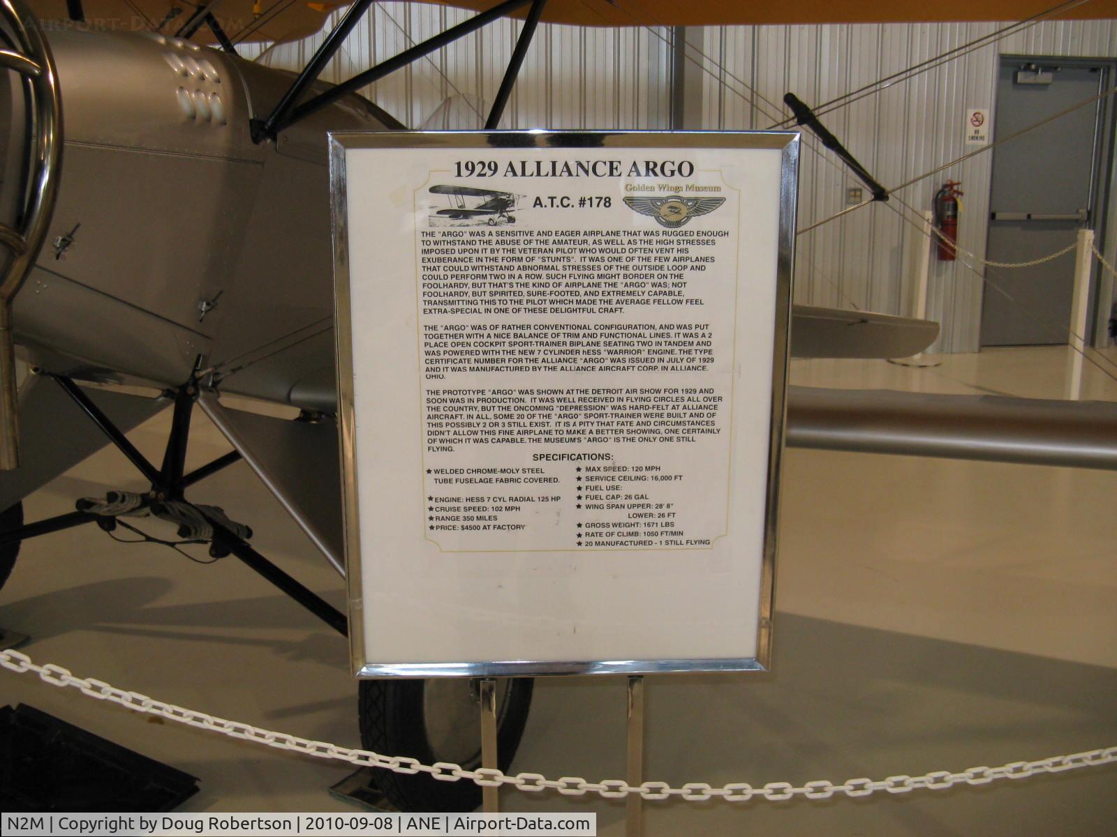 N2M, 1929 Alliance Aircraft Argo C/N 108, 1929 Alliance Aircraft A-1 ARGO, Alliance Hess WARRIOR 7 cylinder radial 125 Hp, How rare is this?-sole airworthy survivor! Data card. At Golden Wings Museum. Please select Large version for better legibility. This is worth the read!