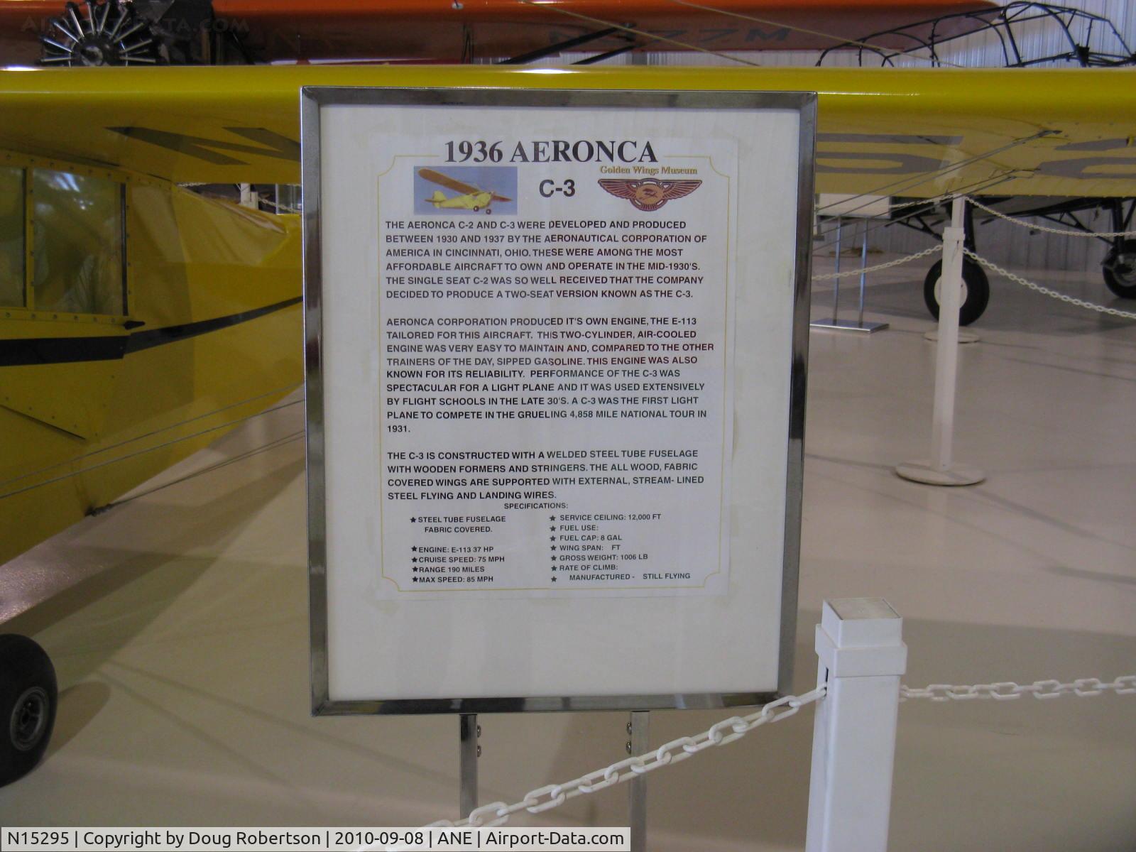 N15295, 1936 Aeronca C-3 C/N 623, 1936 Aeronca C3, Aeronca two cylinder E-113 37 Hp, Data. At Golden Wings Museum.